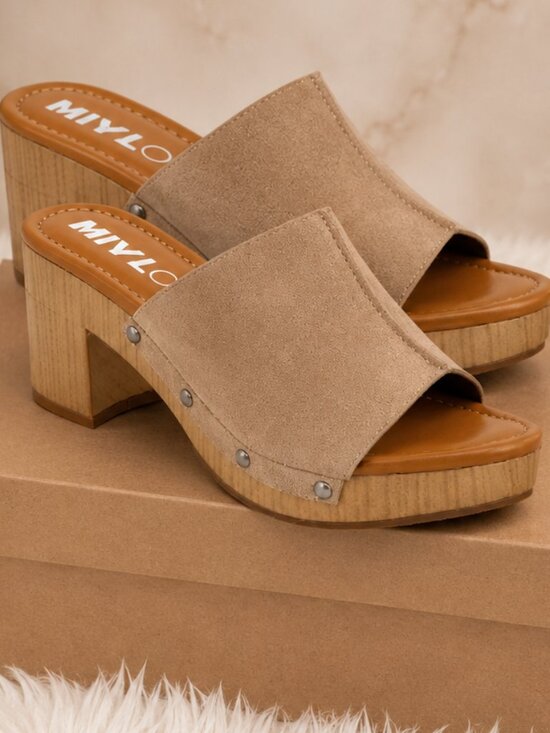 MIA Shoes - Women's Beige Faux Suede Platform Mule Heels